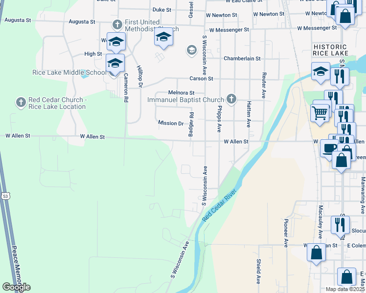 map of restaurants, bars, coffee shops, grocery stores, and more near 800 West Allen Street in Rice Lake