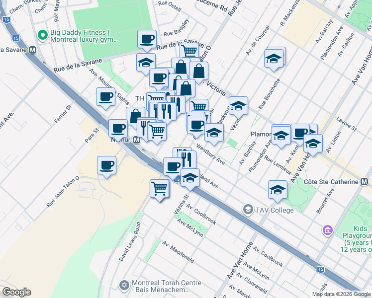 map of restaurants, bars, coffee shops, grocery stores, and more near 5175 Avenue de Courtrai in Montréal
