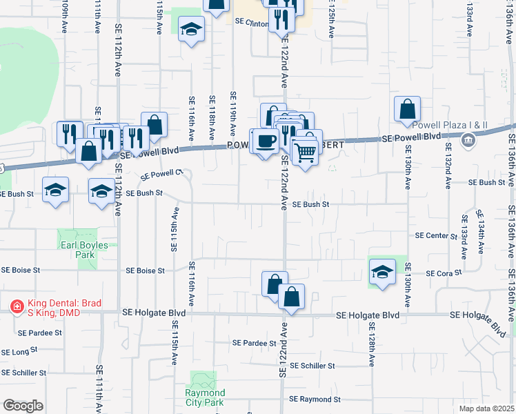 map of restaurants, bars, coffee shops, grocery stores, and more near 12034 Southeast Bush Street in Portland