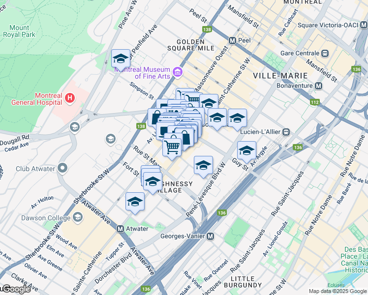 map of restaurants, bars, coffee shops, grocery stores, and more near 1651 Rue Sainte-Catherine Est in Montréal