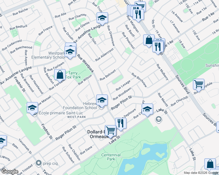 map of restaurants, bars, coffee shops, grocery stores, and more near 87 Rue Woodlawn in Dollard-des-Ormeaux