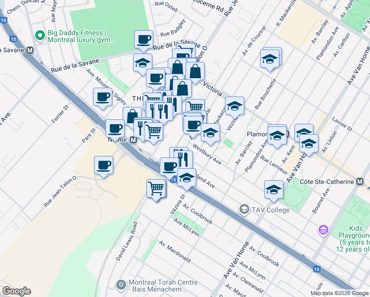 map of restaurants, bars, coffee shops, grocery stores, and more near 5175 Avenue de Courtrai in Montréal