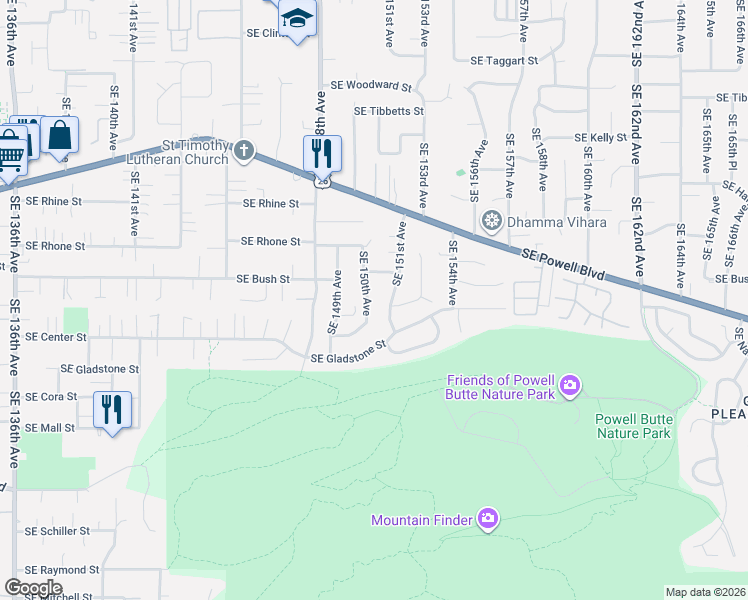 map of restaurants, bars, coffee shops, grocery stores, and more near 3830 Southeast 150th Avenue in Portland