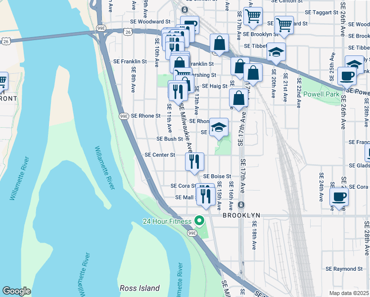 map of restaurants, bars, coffee shops, grocery stores, and more near 3833 Southeast Milwaukie Avenue in Portland