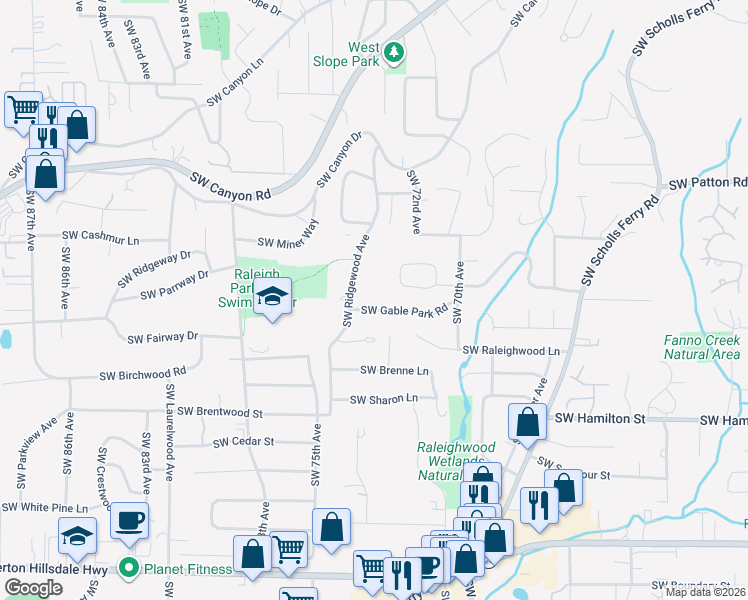 map of restaurants, bars, coffee shops, grocery stores, and more near 3440 Southwest Ridgewood Avenue in Portland
