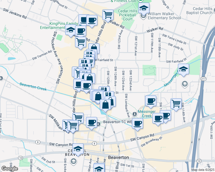 map of restaurants, bars, coffee shops, grocery stores, and more near 3445 Southwest 124th Avenue in Beaverton