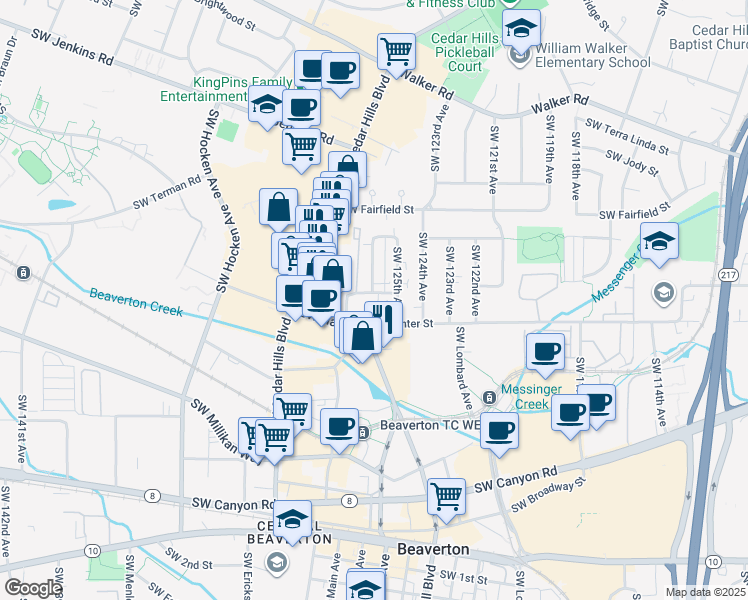 map of restaurants, bars, coffee shops, grocery stores, and more near 3462 Southwest 126th Avenue in Beaverton