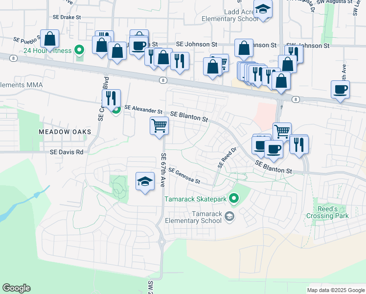 map of restaurants, bars, coffee shops, grocery stores, and more near 3446 Southeast 68th Avenue in Hillsboro