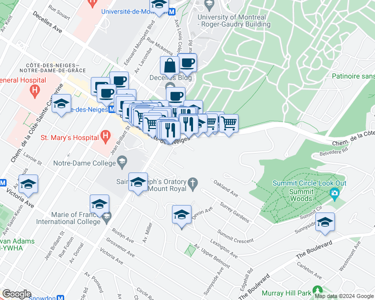 map of restaurants, bars, coffee shops, grocery stores, and more near 4934 Rue du Piedmont in Montréal