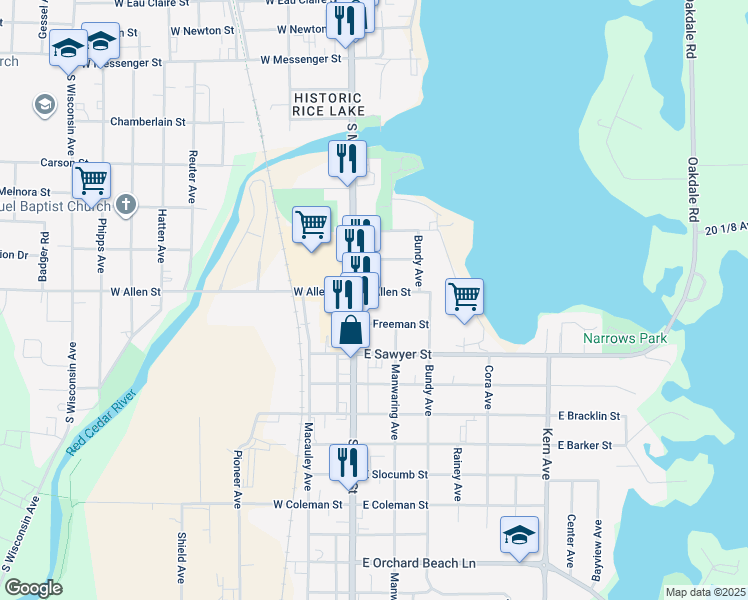 map of restaurants, bars, coffee shops, grocery stores, and more near 128 East Allen Street in Rice Lake