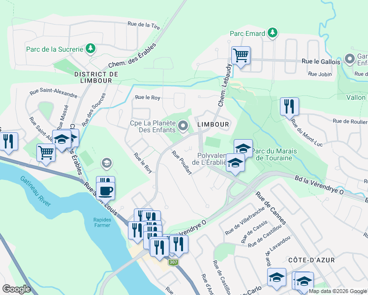 map of restaurants, bars, coffee shops, grocery stores, and more near 517 Rue de Cannes in Gatineau