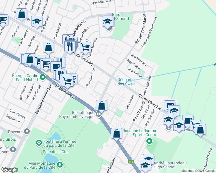 map of restaurants, bars, coffee shops, grocery stores, and more near 2325 Boulevard Jacques Marcil in Longueuil