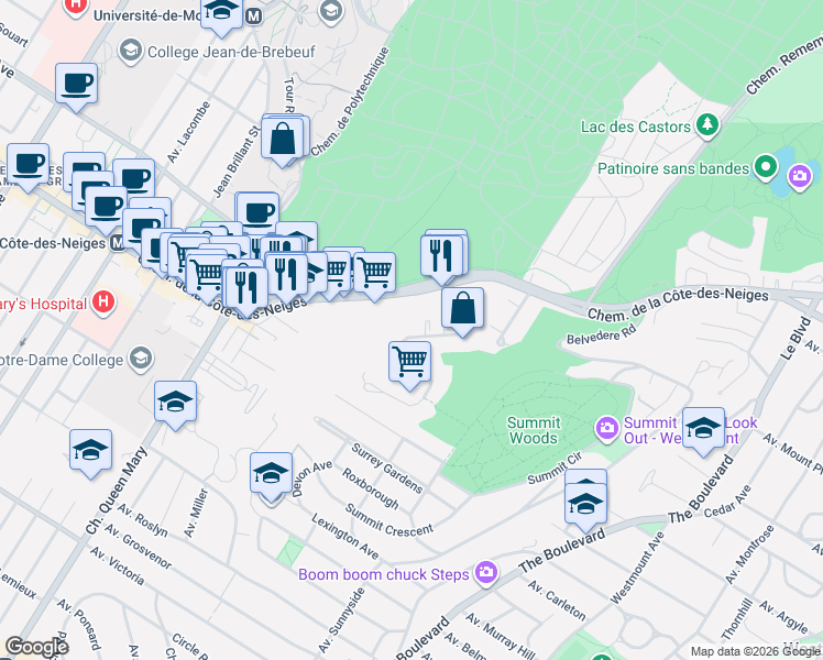 map of restaurants, bars, coffee shops, grocery stores, and more near 3375 Ridgewood Avenue in Montrã©Al