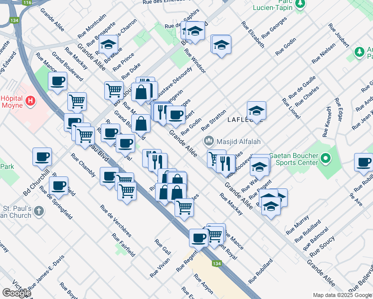map of restaurants, bars, coffee shops, grocery stores, and more near in Longueuil