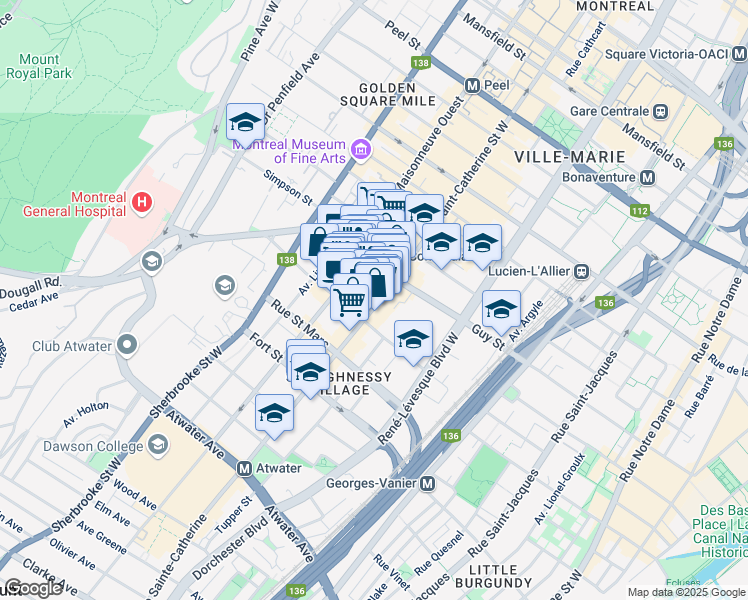 map of restaurants, bars, coffee shops, grocery stores, and more near 1651 Rue Sainte-Catherine in Montréal