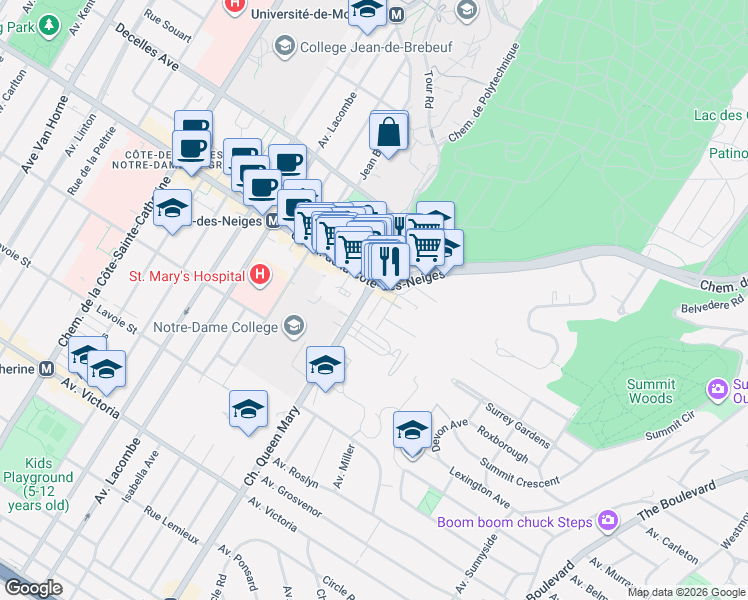 map of restaurants, bars, coffee shops, grocery stores, and more near 3720 Chemin Queen Mary in Montréal