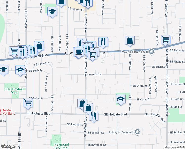 map of restaurants, bars, coffee shops, grocery stores, and more near 12309 Southeast Bush Street in Portland