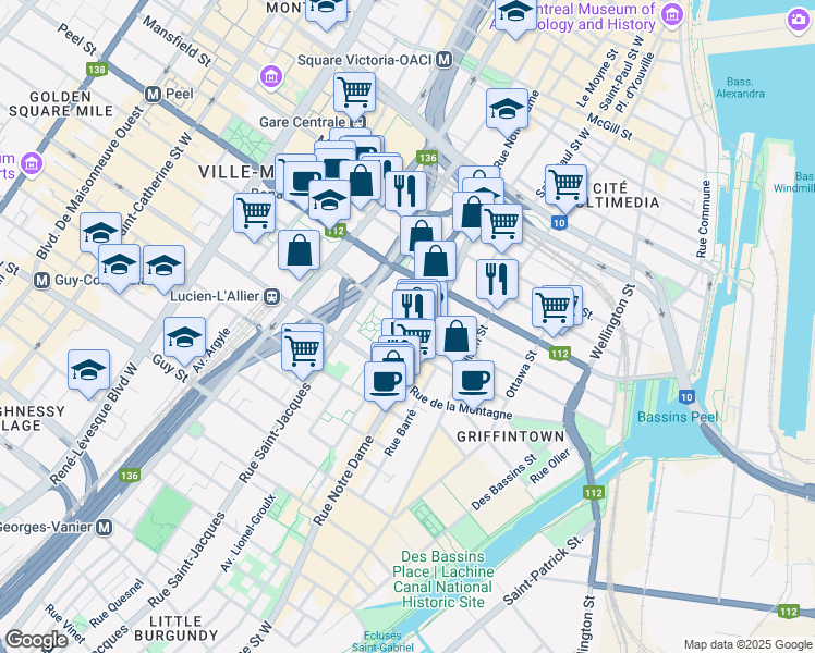 map of restaurants, bars, coffee shops, grocery stores, and more near 550 Rue Jean d'Estrées in Montréal