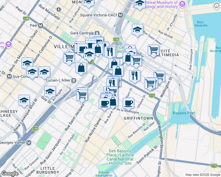 map of restaurants, bars, coffee shops, grocery stores, and more near 550 Rue Jean d'Estrées in Montréal