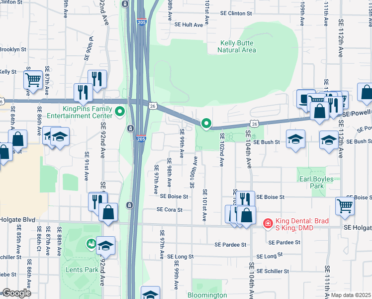 map of restaurants, bars, coffee shops, grocery stores, and more near 3732 Southeast 99th Avenue in Portland