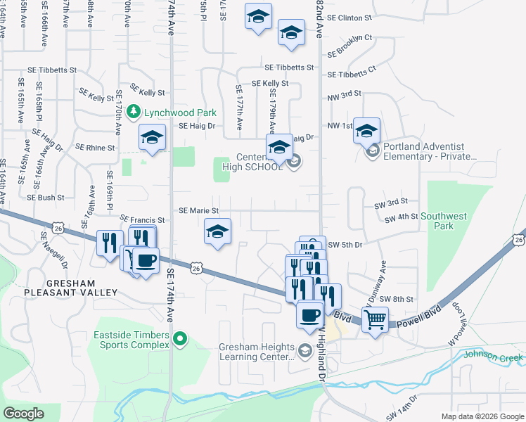 map of restaurants, bars, coffee shops, grocery stores, and more near 17815 Southeast Marie Street in Portland