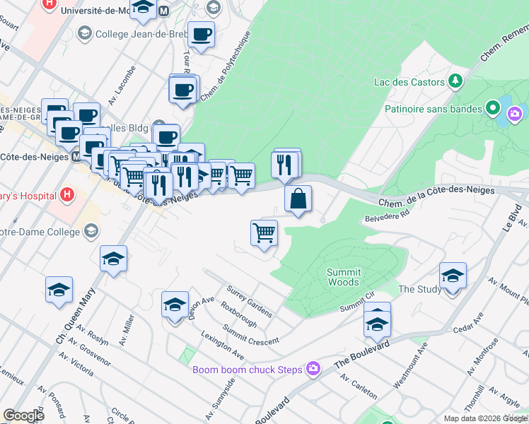 map of restaurants, bars, coffee shops, grocery stores, and more near 3375 Avenue Ridgewood in Montréal