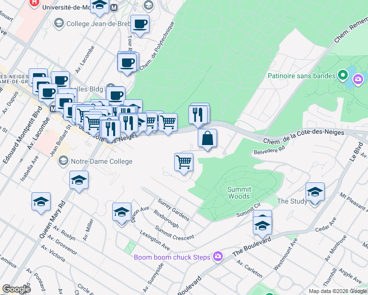 map of restaurants, bars, coffee shops, grocery stores, and more near 3425 Avenue Ridgewood in Montréal