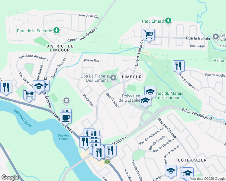 map of restaurants, bars, coffee shops, grocery stores, and more near 517 Rue de Cannes in Gatineau