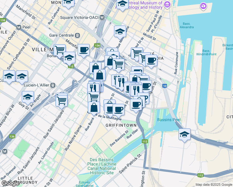 map of restaurants, bars, coffee shops, grocery stores, and more near in Montreal