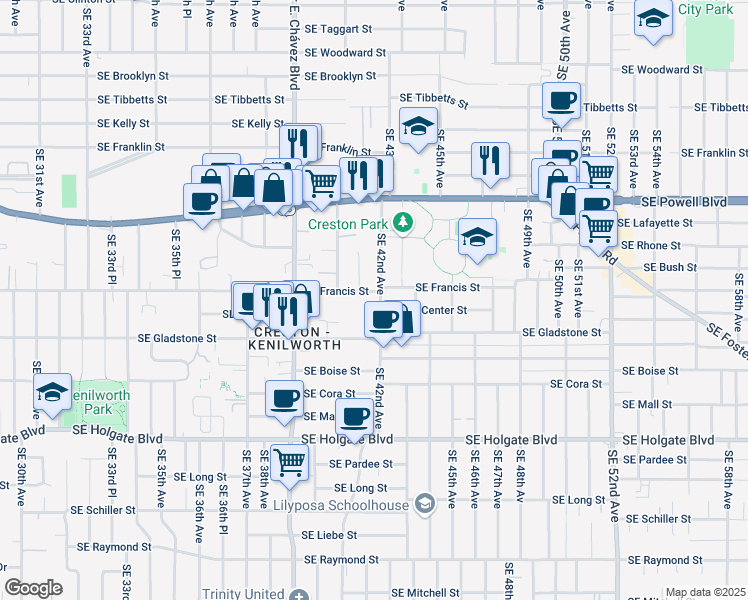 map of restaurants, bars, coffee shops, grocery stores, and more near 3925 Southeast 42nd Avenue in Portland