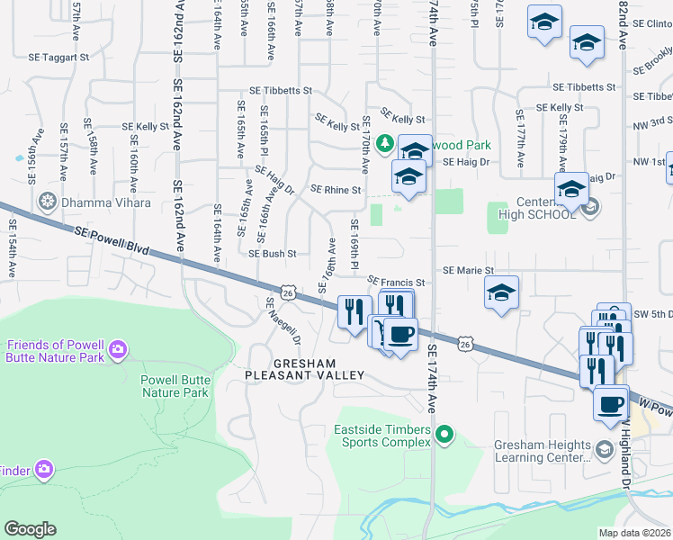 map of restaurants, bars, coffee shops, grocery stores, and more near 3805 Southeast 168th Avenue in Portland