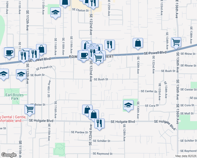 map of restaurants, bars, coffee shops, grocery stores, and more near 12309 Southeast Bush Street in Portland