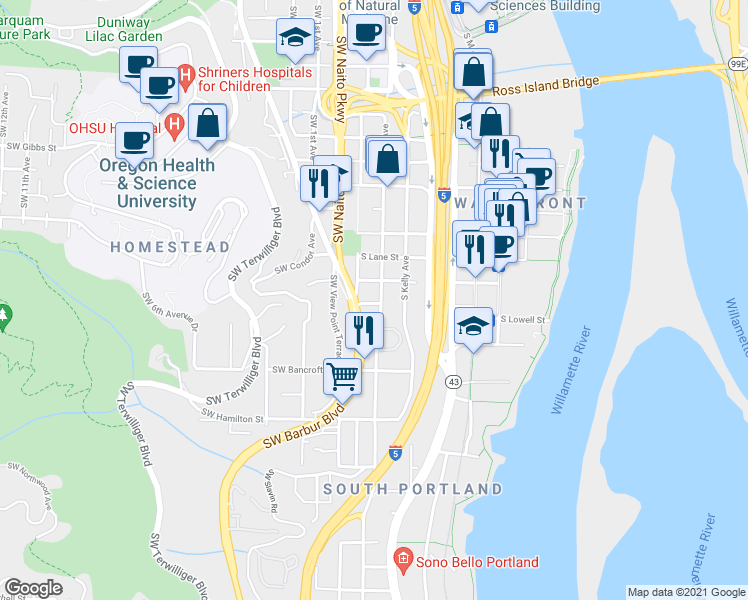 map of restaurants, bars, coffee shops, grocery stores, and more near 210 South Abernethy Street in Portland