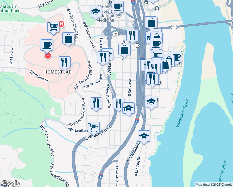map of restaurants, bars, coffee shops, grocery stores, and more near 2504 Southwest View Point Terrace in Portland