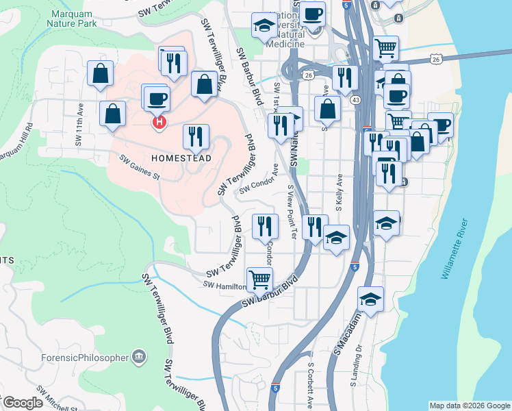 map of restaurants, bars, coffee shops, grocery stores, and more near 3944 Southwest Condor Avenue in Portland