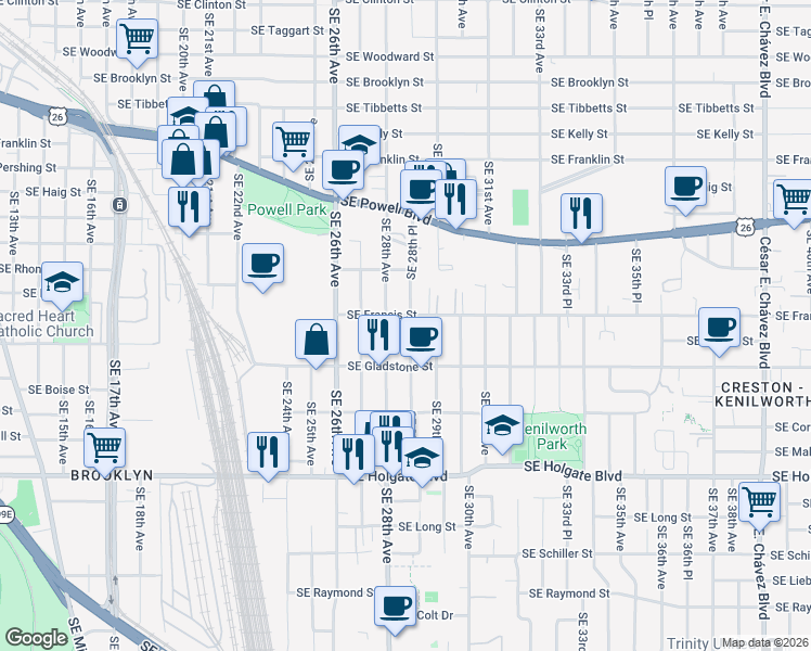 map of restaurants, bars, coffee shops, grocery stores, and more near in Portland