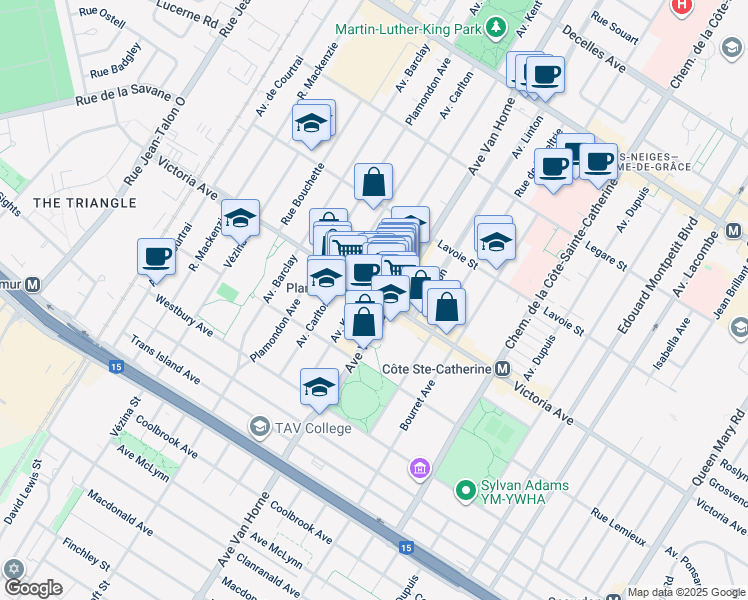 map of restaurants, bars, coffee shops, grocery stores, and more near 6260 Avenue Victoria in Montréal