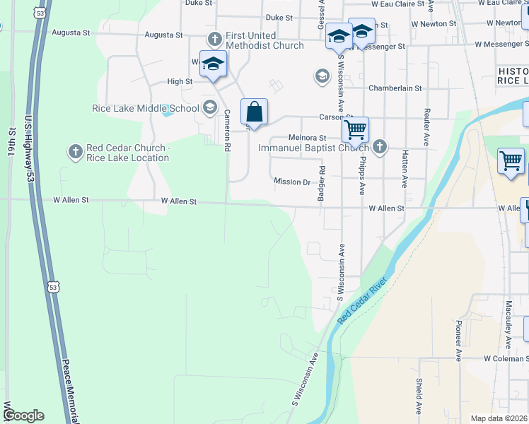 map of restaurants, bars, coffee shops, grocery stores, and more near 418 Mission Place in Rice Lake