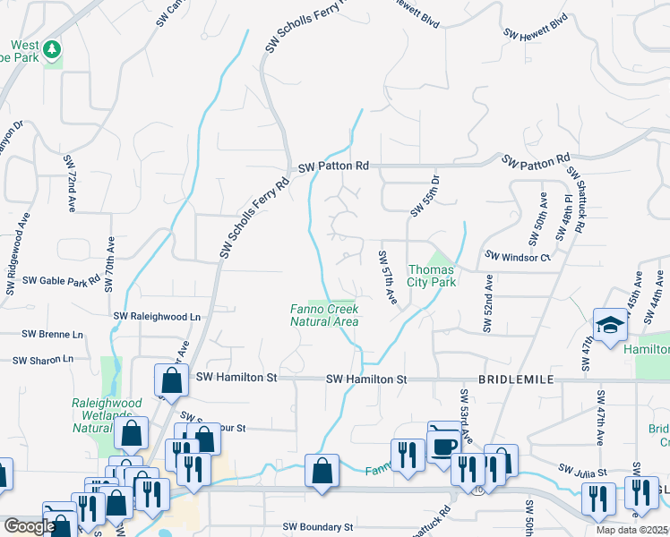 map of restaurants, bars, coffee shops, grocery stores, and more near 5841 Southwest Thomas Court in Portland