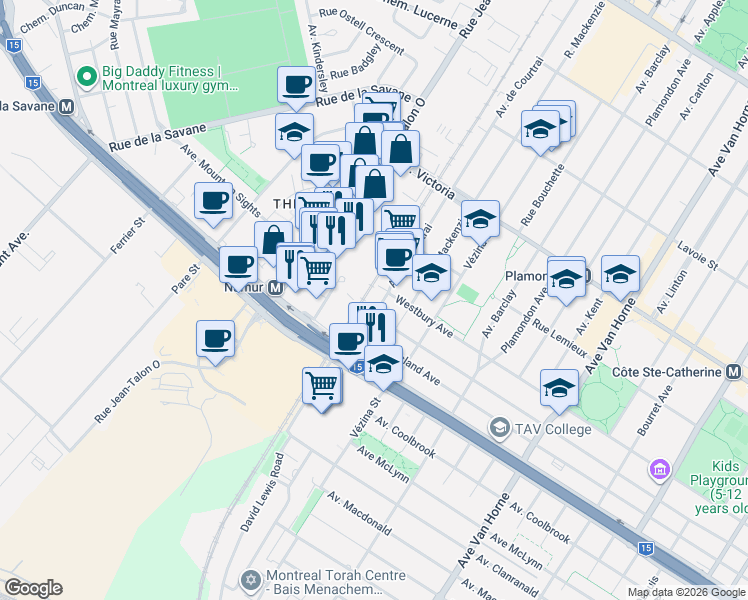 map of restaurants, bars, coffee shops, grocery stores, and more near 5175 Avenue de Courtrai in Montréal