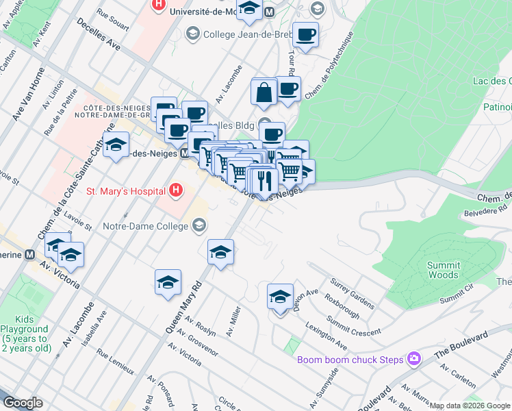 map of restaurants, bars, coffee shops, grocery stores, and more near 3710 Chemin Queen Mary in Montréal