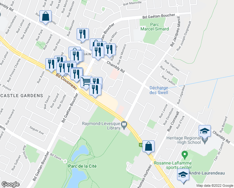 map of restaurants, bars, coffee shops, grocery stores, and more near 2115 Rue Henri Cyr in Longueuil