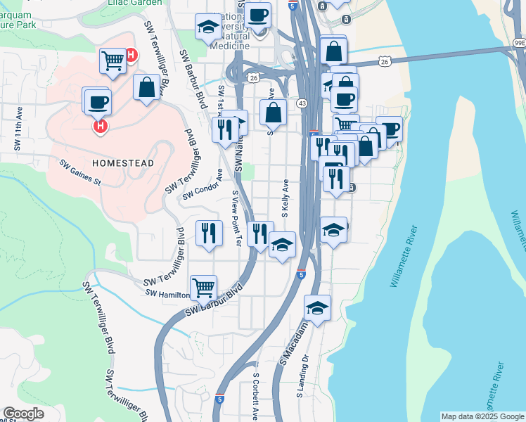 map of restaurants, bars, coffee shops, grocery stores, and more near 3935 South Corbett Avenue in Portland