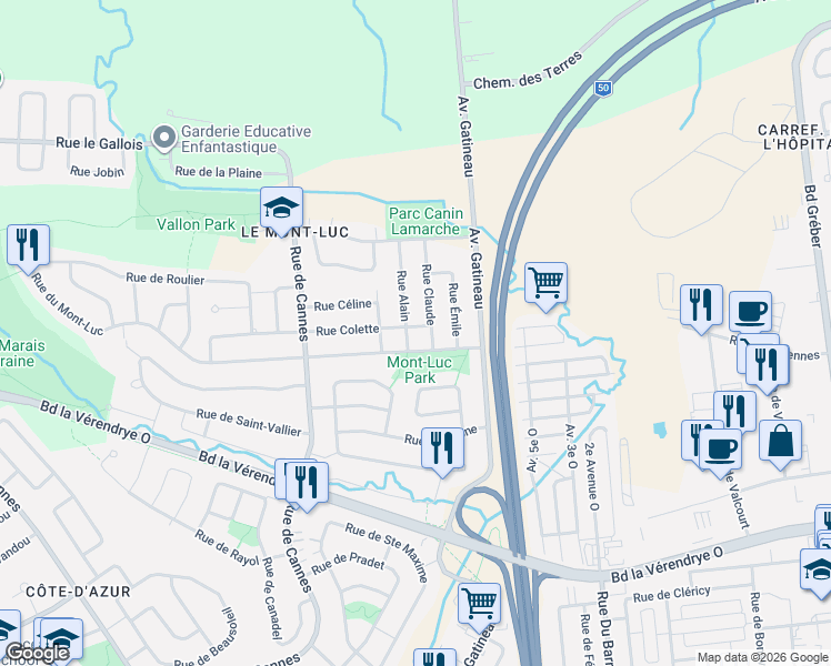 map of restaurants, bars, coffee shops, grocery stores, and more near 14 Rue Colette in Gatineau