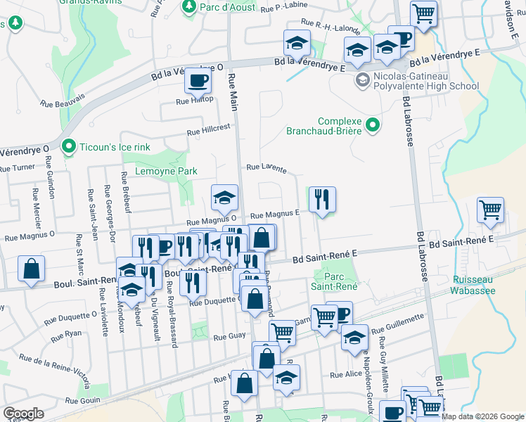 map of restaurants, bars, coffee shops, grocery stores, and more near 175 Rue Magnus Est in Gatineau