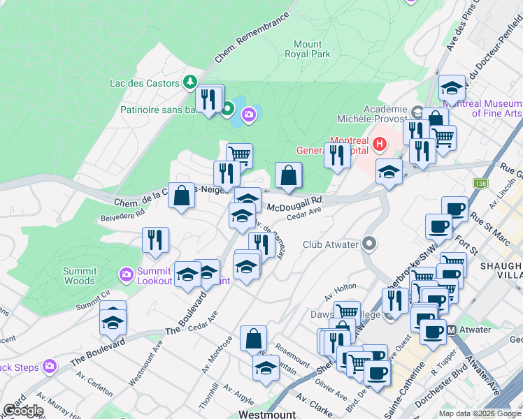map of restaurants, bars, coffee shops, grocery stores, and more near 3046 Le Boulevard in Montrã©Al