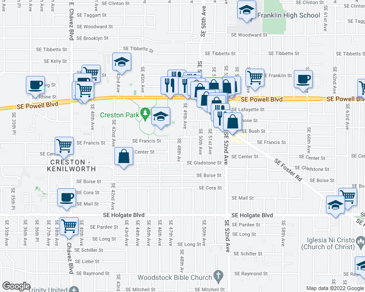 map of restaurants, bars, coffee shops, grocery stores, and more near 3912 Southeast 48th Avenue in Portland