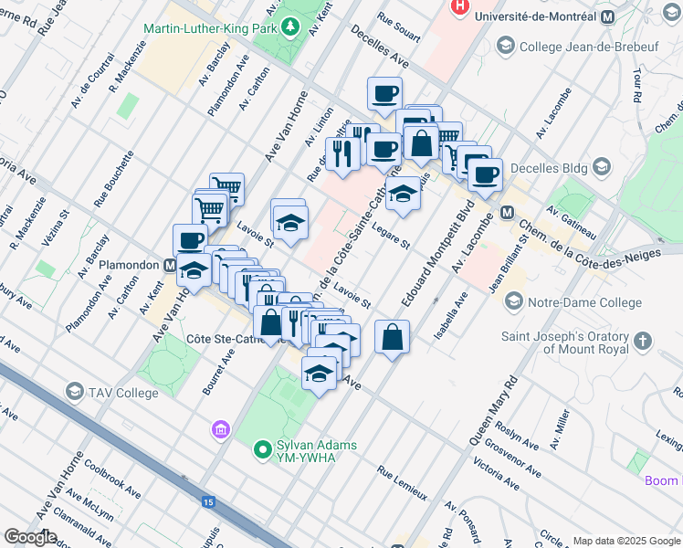 map of restaurants, bars, coffee shops, grocery stores, and more near 4120 Chemin de la Côte-Sainte-Catherine in Montréal