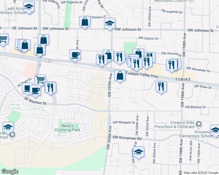 map of restaurants, bars, coffee shops, grocery stores, and more near 3501 Southwest 209th Avenue in Aloha