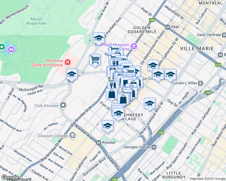 map of restaurants, bars, coffee shops, grocery stores, and more near 1849 Avenue Lincoln in Montréal